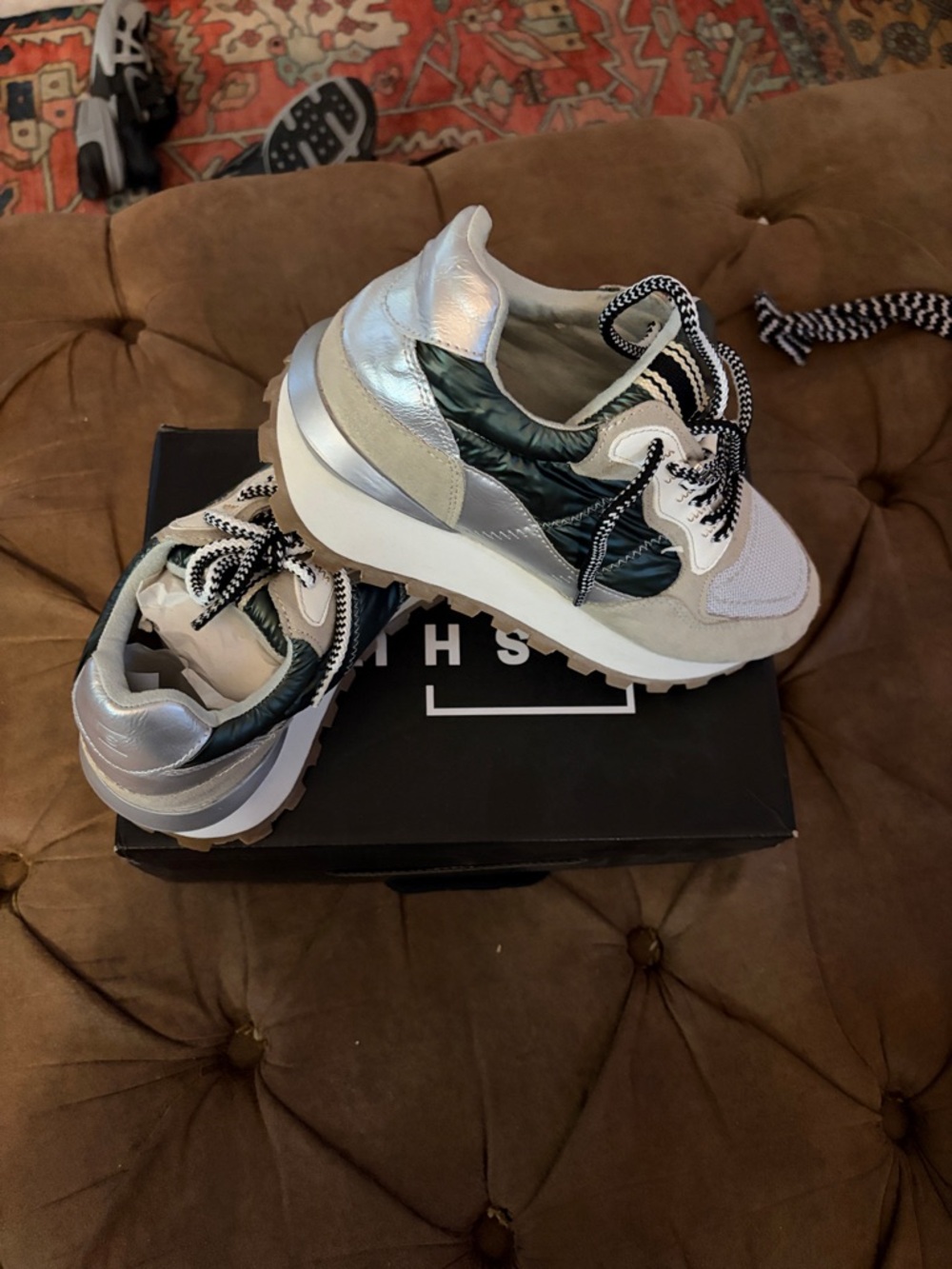 ShuShop White Silver Green Mixed-Material Platform Sneakers